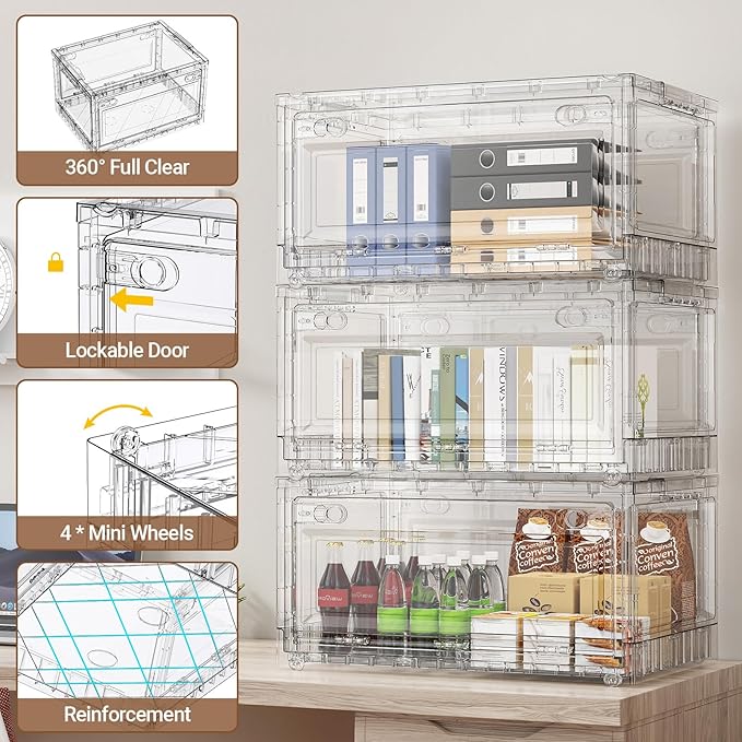 Clear Stackable Storage Bins Drawers, Open Front Large Plastic Storage Bins with Lids, Foldable Closet Organizers and Storage for Wardrobe Cabinets, Pantry, Makeup,2 Pack