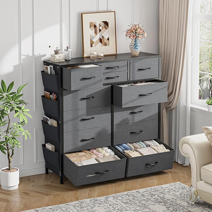 EnHomee Dresser for Bedroom with 12 Drawers, Dressers & Chest of Drawers with Side Pockets, Fabric Dresser for Bedroom, Hallway, Living Room, Sturdy Metal Frame, Wood Top, Grey