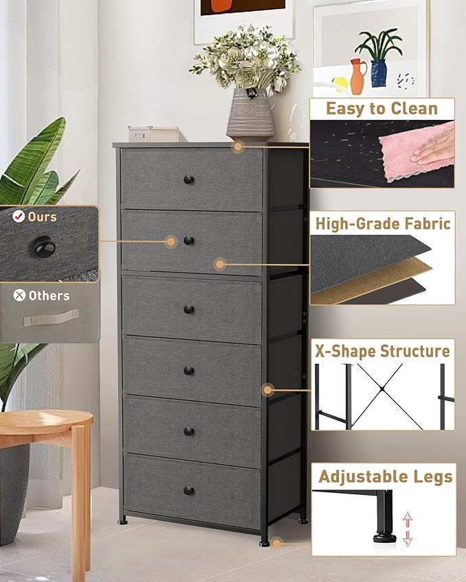 Tall Fabric Dresser for Bedroom, Wide Vertical Storage Organizer Tower with 6 Drawers, Chest of Drawers with Bins, Steel Frame, Wood Top for Bedroom, Closet, Entryway Black