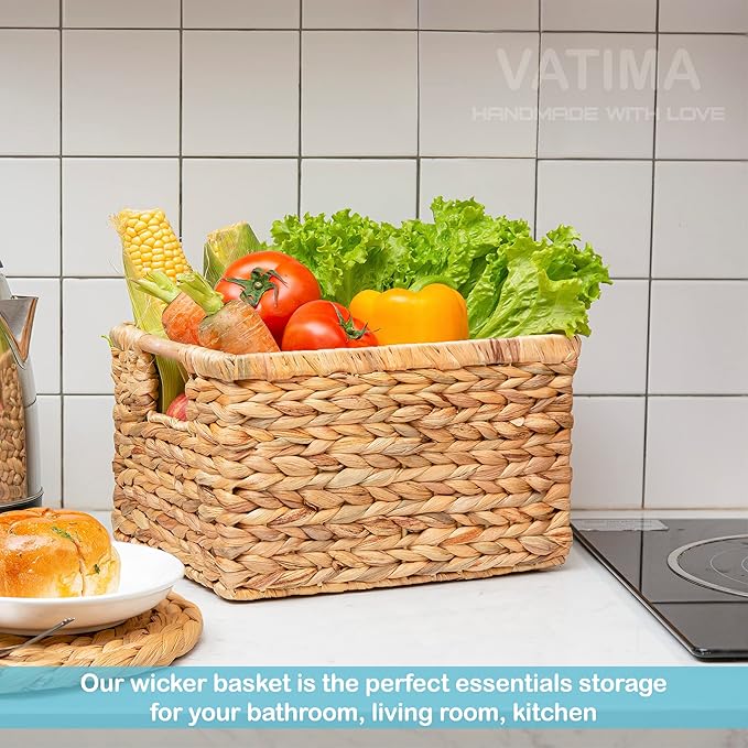 Natural Water Hyacinth storage basket with Handle, Rectangular Organizing Basket for Organizing, Decorative Wicker Storage Bins for Living Room, Medium Wicker Baskets - 3 Pack Medium