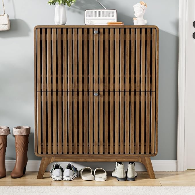 Fluted Narrow Shoe Cabinet for Entryway, Slim Wood Shoe Storage Cabinet with Flip Drawers, Bamboo Thin Shoe Rack Organizer for Entry Way, Hallway, Hidden, Walnut