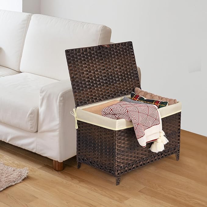 Wicker Storage Basket with Lid,Rattan Shelf Basket with Removable Liner Bag,105L Storage Bin,Storage Trunk with Heightened Feet,Storage Container for Wardrobe,Home Organizer