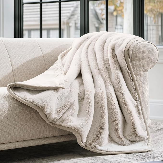 EVERGRACEHOME Ultra Soft Luxury Fluffy Mink Faux Fur Throw Blanket, Thick Warm Fall Winter Blankets for Bed, Couch, Cozy Plush Reversible Blanket for Chair, Sofa (Tipped Champagne Ivory, 60"x80")