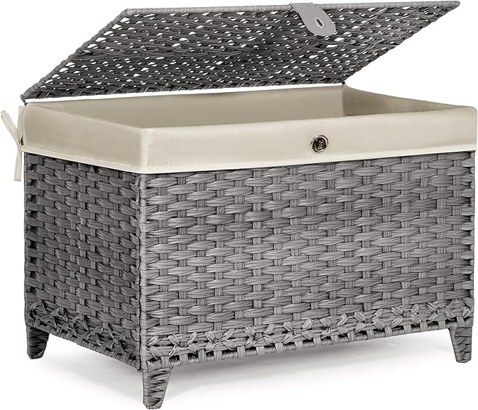 Wicker Storage Basket with Lid,Rattan Shelf Basket with Removable Liner Bag,105L Storage Bin,Storage Trunk with Heightened Feet,Storage Container for Wardrobe,Home Organizer