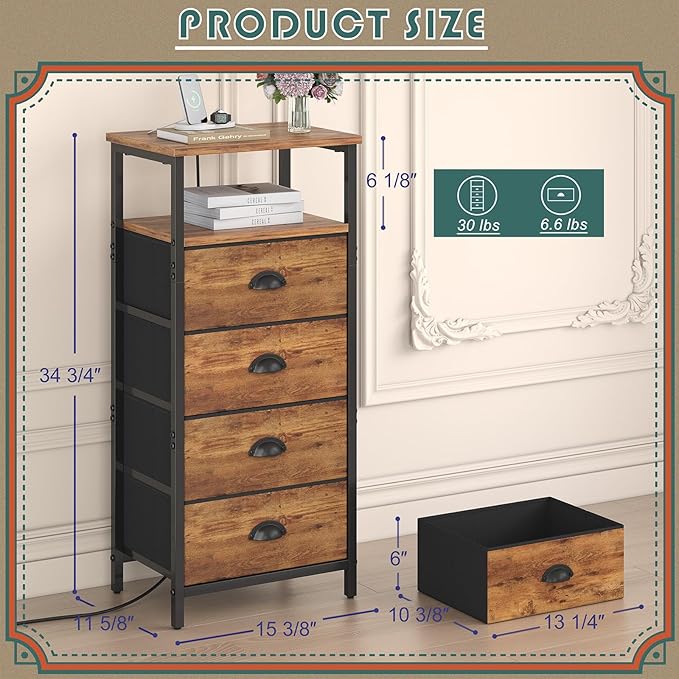 Nightstand with Charging Station,LED Nightstand with 4 Fabric Drawers, Bedside End Tables, 2-Tier Open Storage Shelf Side Table Nightstand with Drawers for Bedroom,Rustic Brown