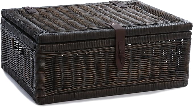 The Basket Lady Covered Wicker Storage Basket, Large, 20 in L x 14 in W x 8 in H, Antique Walnut Brown