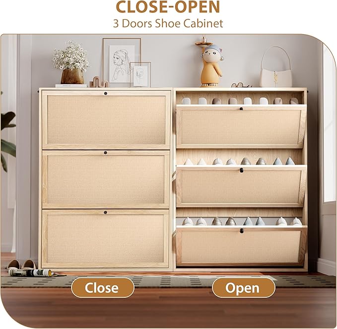 Shoe Storage Cabinet with 3 Flip Drawers, Narrow Wood Shoes Cabinet with Linen Doors Drawer, Freestanding Shoe Organizer Slim Shoe Cabinet Storage Shoe Rack for Entryway Hallway (Natural)