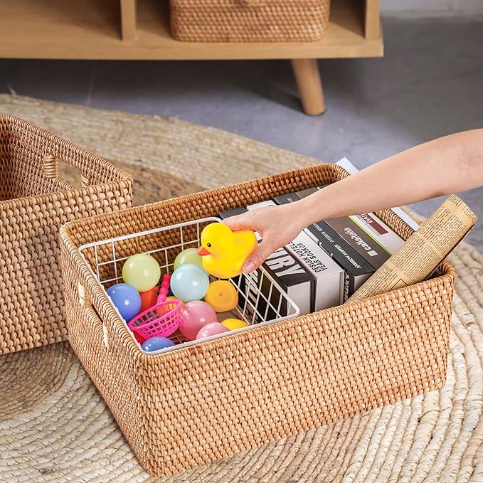 Rattan Basket With Lid, Large Lidded Basket For Storage(15.75" L×13.78"W×9.45"H)