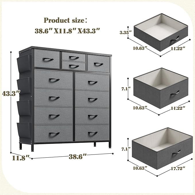 EnHomee Dresser for Bedroom with 12 Drawers, Dressers & Chest of Drawers with Side Pockets, Fabric Dresser for Bedroom, Hallway, Living Room, Sturdy Metal Frame, Wood Top, Grey