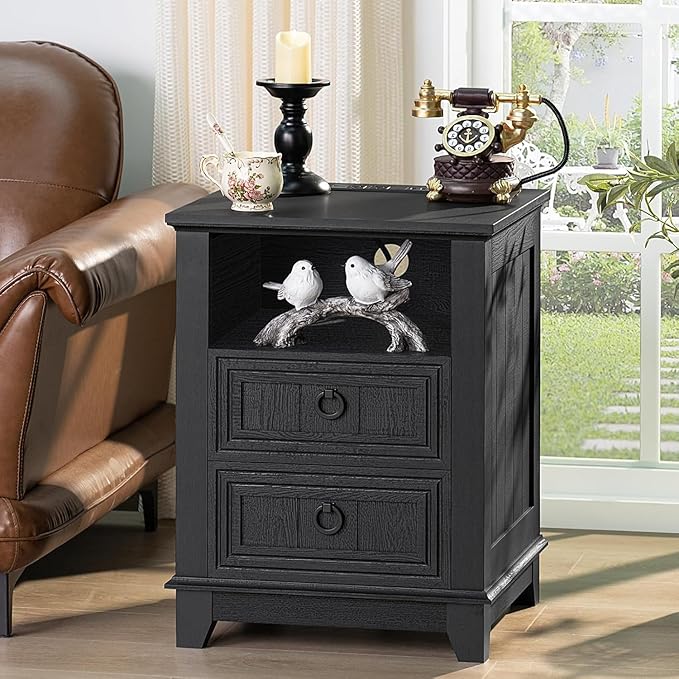 18" Night Stands Set of 2 with Charging Station, Farmhouse 2 & 3 Drawers End Table Dresser for Bedroom, Black Wooden Nightstand, Bed Side Table with Open Shelf, Bedside Cabinet for Living Room