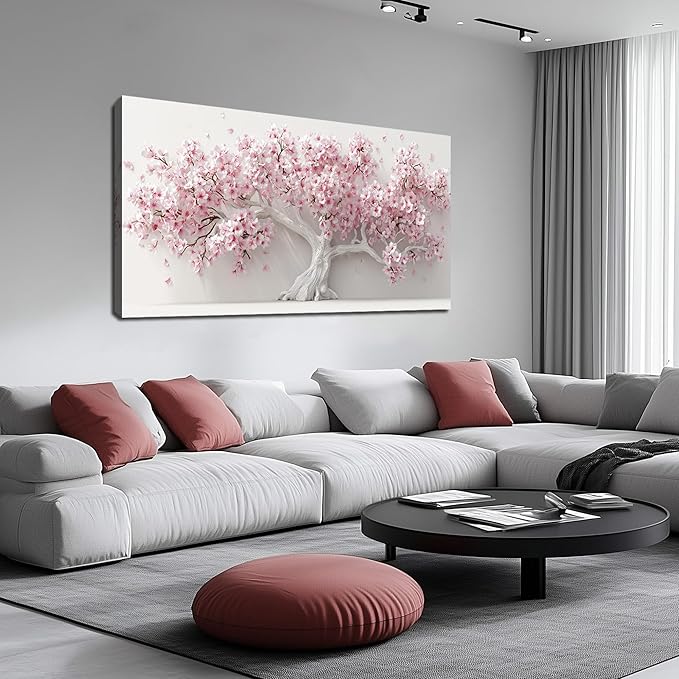 Pink Wall Art for Living Room Bedroom Home Office Large Tree Wall Decor Flower Pictures Art White Artwork Modern Floral Canvas 24"x 48"