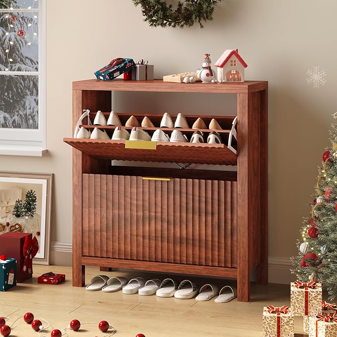 Shoe Cabinet Storage for Entryway, Fluted Shoe Cabinet with 2 Flip Drawers, Hidden Shoe Rack Tall Freestanding Shoe Organizer with Legs for Hallway, Walnut