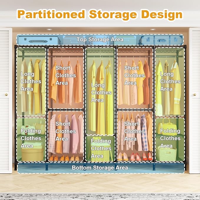 H50C Extra Large Clothes Rack with Cover, Freestanding Portable Closet, Covered Clothing Racks for Hanging Clothes, Heavy Duty Garment Rack, Wardrobe Closet with Gray Cover Max Load 1350 Lbs