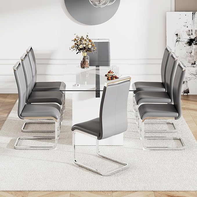 FURNITO Glass Dining Table Set for 8,Modern Dining Table Set,71 in White Dining Table with 8 PU Leather Dining Chairs for Kitchen Dining Room(Glass Dining Table + 8 PU Leather Chairs)