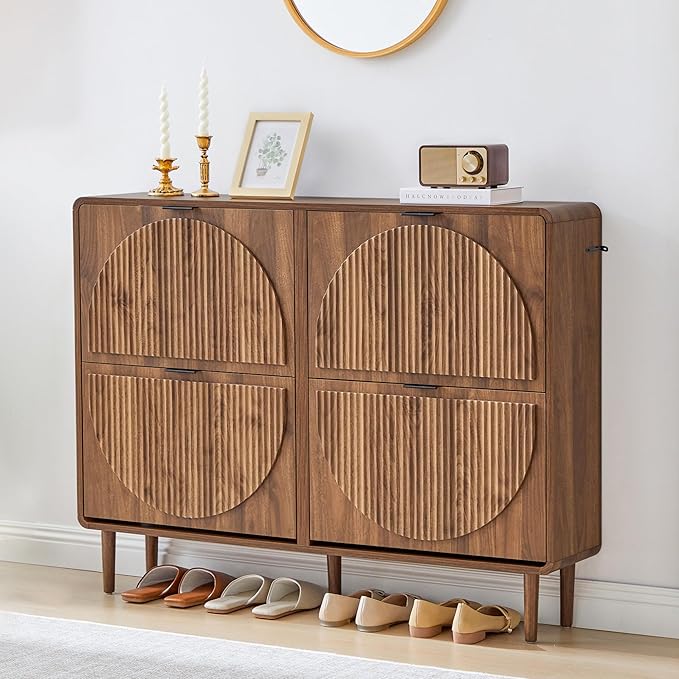 Shoe Storage Cabinet for Entryway, Narrow Shoe Organizer Cabinet, 4 Flip-Down Drawers, Round Fluted Panel, Hidden Wood Slim Shoe Rack for Foyer, Hallway (Walnut)