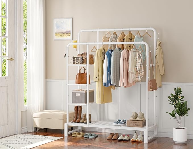 Double Rods Clothes Rack Clothing Rack with 4 Tier Storage Shelves Clothes Rack for Hanging Clothes Multifunctional Heavy Duty Clothes Organizer with Hooks for Bedroom,Wardrobe Closet,Shop,White