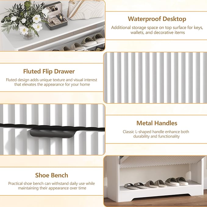 Shoe Cabinet Storage for Entryway with 2 Flip Drawers, White Fluted Shoe Cabinet with Open Storage, Wooden Hidden Shoe Rack Freestanding Narrow Slim Shoes Organizer for Hallway, Entrance