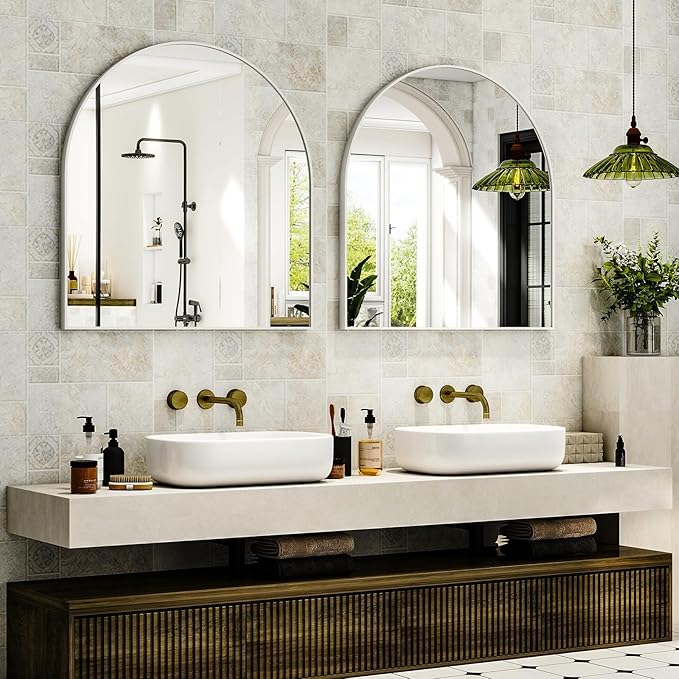 Arched Bathroom Mirror, 32x34 Inch - Wall Mounted Vanity Mirror with Aluminum Alloy Frame - Ideal for Living Room, Bedroom, Bathroom, and Entryway, Hanging or Leaning,White