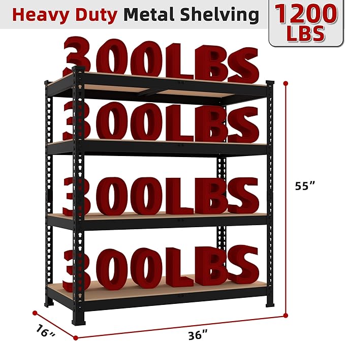 2 Packs 36" W x 16" D x 55" H Adjustable Garage Storage Shelves - 4-Shelf Heavy Duty Shelving Unit, Metal Utility Storage Organizer Racks for Warehouse Pantry Closet Kitchen, Black