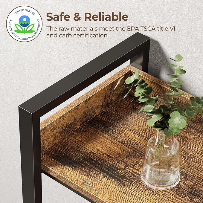 Rolanstar Bookshelf 4 Tiers with 4 Hooks, Triple Bookcase with Open Display Shelves, Industrial Wide Bookshelf with Metal Frame for Living Room, Office, Rustic Brown