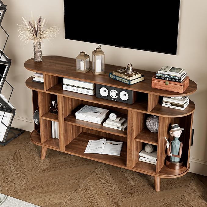Fluted TV Stand for TVs up to 65 Inch, Mid Century Modern Entertainment Center with Storage and Adjustable Shelves, Media Console with Sliding Doors for Living Room, Bedroom, Walnut