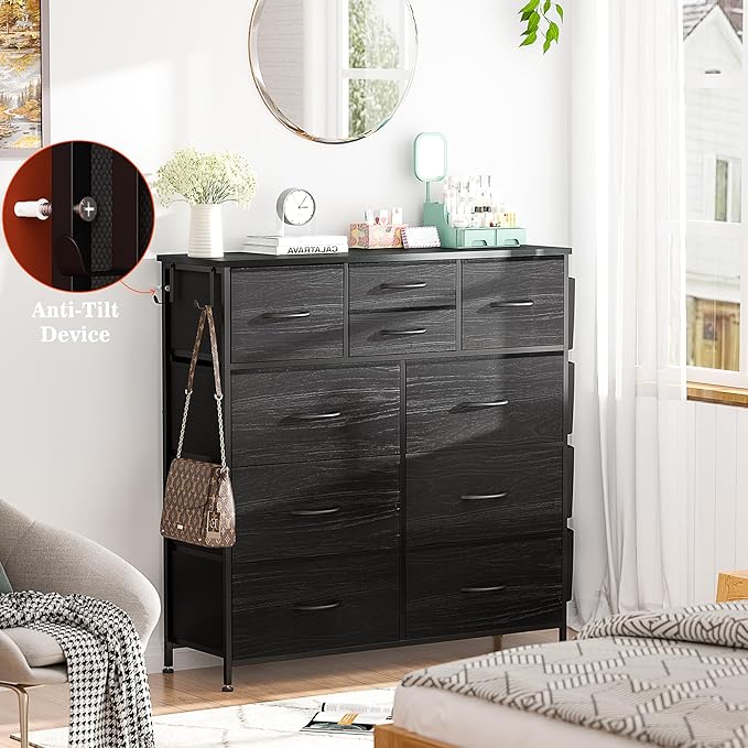 Lulive Dresser for Bedroom with 10 Drawers, Chest of Drawers, Fabric Storage Tower with Side Pockets and Hooks, Organizer Unit for Living Room, Hallway, Closet