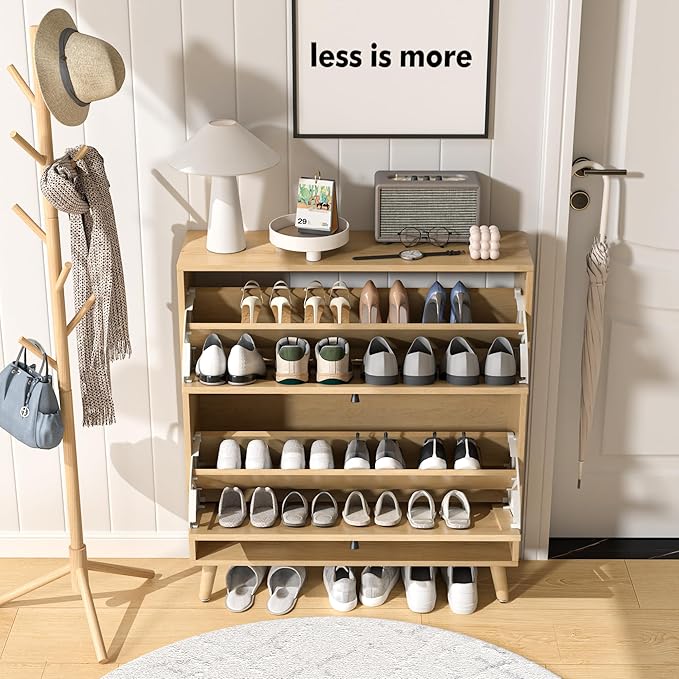 Shoe Storage Cabinet for Entryway with 2 Flip Drawers, Narrow Wood Shoe Cabinet with Fluted Panel, Freestanding Hidden Shoe Organizer for Foyer, Hallway (Wood Color)