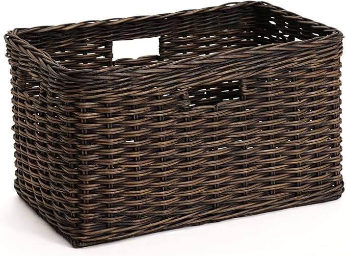 The Basket Lady Tall Rectangular Wicker Storage Basket, Medium, 20 in L x 13 in W x 11 in H, Antique Walnut Brown