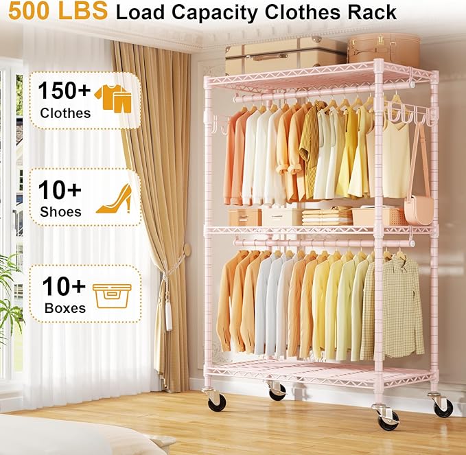 P1 Rolling Closets with Wheels and Shelves, Portable Closet Wardrobe for Clothes Hanging, Pink Clothing Storage and Organizer System for Bedroom, 35.5" W x 15.7" D x 80.5" H, Hold 500lbs