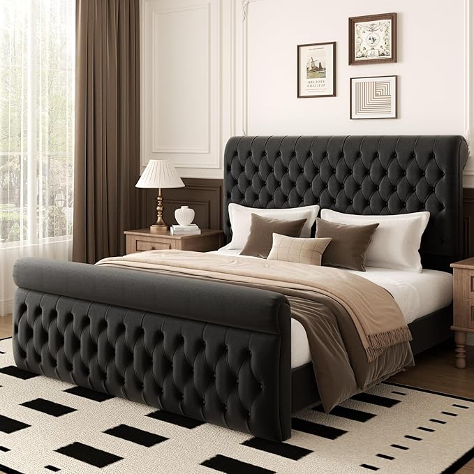 57.5" Tall King Size Upholstered Bed Frame with Rolled Headboard and Footboard, Plaform Bed Frame with Deep Button Tufting, Soft Chenille Fabric, Noise Free, No Spring Box Needed, Black