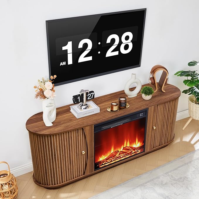 63" Fireplace TV Stand for TVs Up to 70" with 23" Electric Fireplace, Mid-Century Modern Fluted TV Media Console Table with Storage and Shelf, Curved Edge Entertainment Center for Living Room(Walnut)