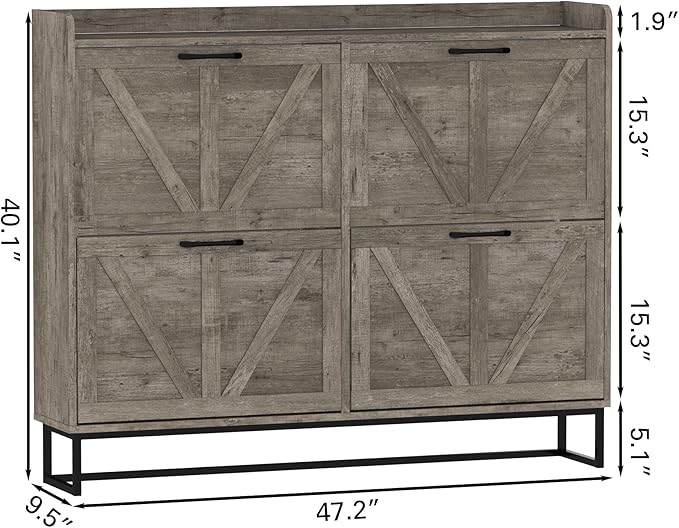 MISHAO Shoe Cabinet Storage for Entryway, Farmhouse Shoe Storage Cabinet with 4 Flip Drawers & Metal Legs, Freestanding Narrow Shoe Rack Cabinet, Rustic Gray