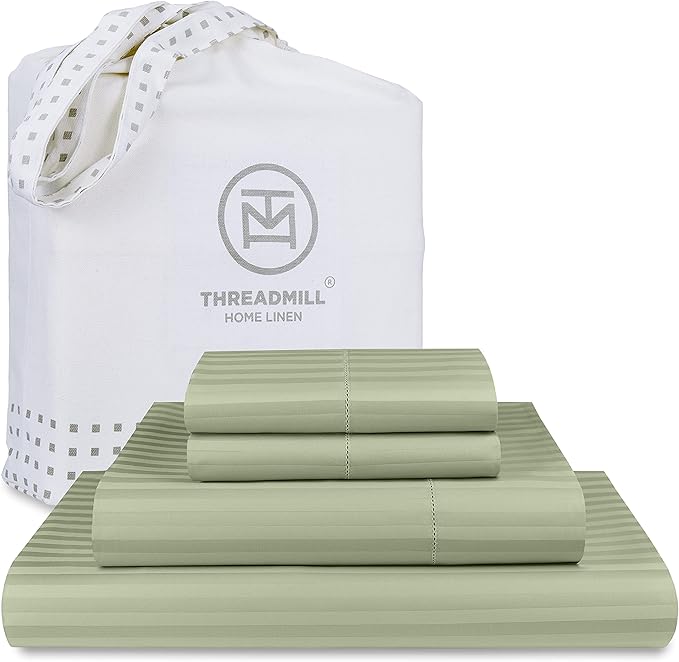 Threadmill 100% Cotton Sheets for Cal King Size Bed - 600 Thread Count Cal King Bed Sheets Set with 16” Deep Pocket - Damask Stripe Sateen Weave 4-Piece Bedding Set with Cooling Effect, Sage Green