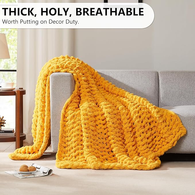 L'AGRATY Chunky Knit Blanket Throw - Soft Chunky Throw Blanket 60x80: 100% Hand Kintted Chenile Crochet Throw Blanket for Couch - Large Cable Knit Chunky Blanket for Home Decor(Mustard Yellow)