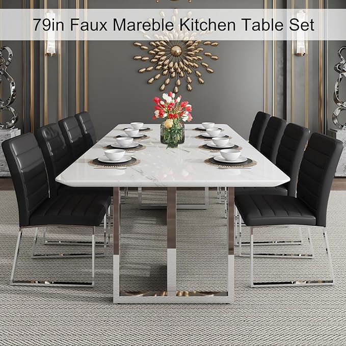 79 Inch Modern Dining Table Set for 8, White Luxury Kitchen Set with 1.8-inch Faux Marble Table Top & 8 PU Leather Upholstered Chairs for Dining and Living Room