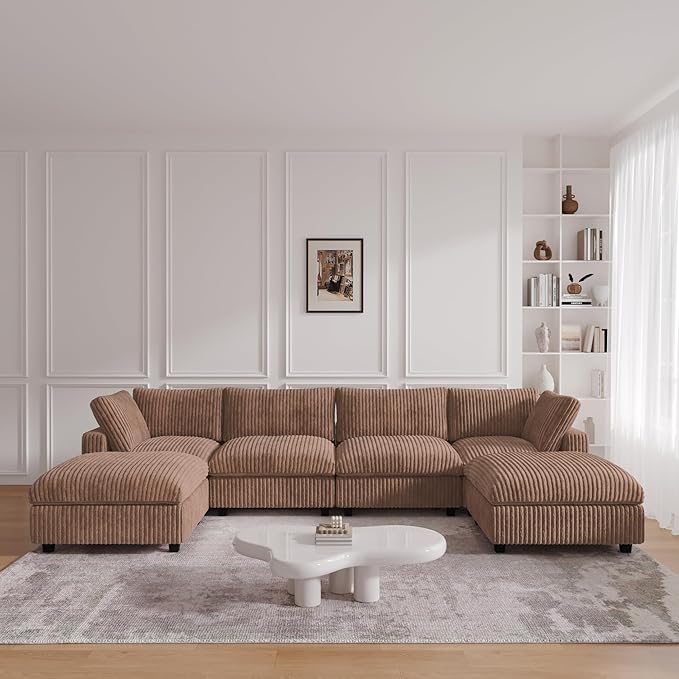 JACH Modern U Shape Sectional Couch, Convertable Modular Couches with Chaise Ottomans, Deep Seat Sofas, Sofa Covers Washable, Minimalist Plush Sofa for Living Room, Apartment, Brown