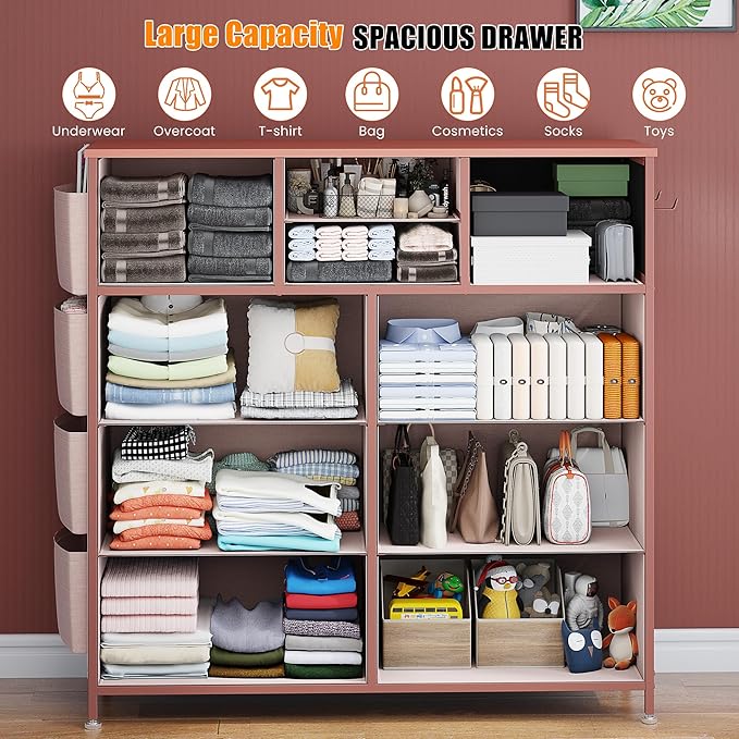 Lulive 10 Drawers Pink Dresser for Bedroom - Chest of Drawers with Side Pockets and Hooks, PU Storage Dresser, Organizer Unit for Living Room, Hallway, Closet (Pink)