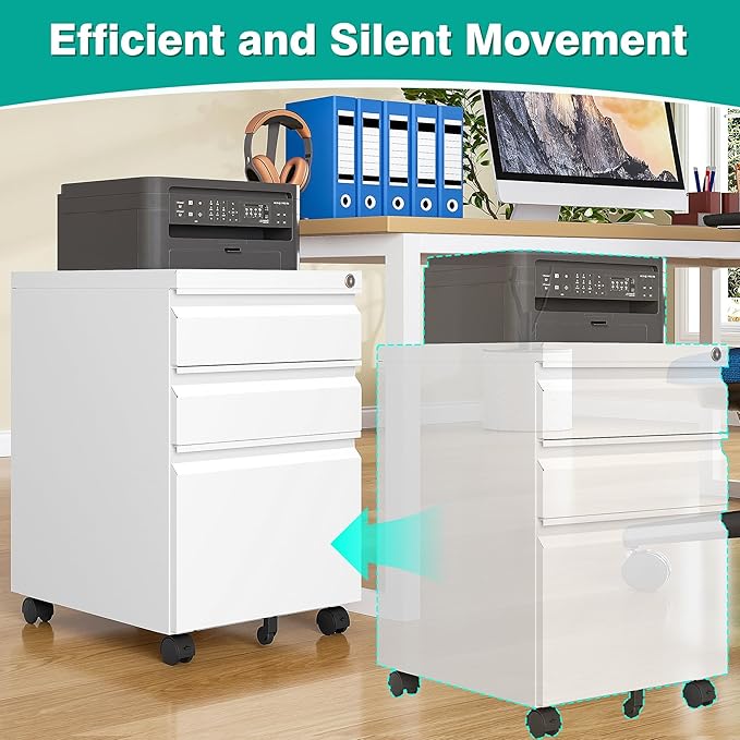 3 Drawer File Cabinet with Wheels,Under Desk File Cabinet with Lock,White Rolling Filing Cabinets,Three Drawer Metal Filing Cabinet for Home Office,Fit A4/Letter/Legal,Fully Assembled Except Caster