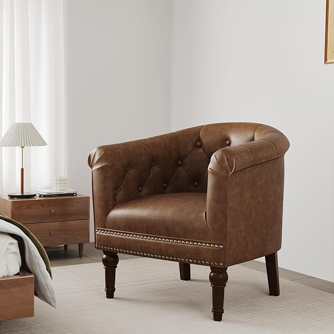 Accent Chair, Upholstered Faux Leather Barrel Chair with Nailed Trim, Comfy Club Armchair for Reading Living Room Bedroom Waiting Room (Rust, Set of 2)