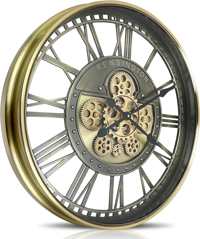 DORBOKER Real Moving Gears Wall Clock Large Modern Metal Clocks for Living Room Decor, Industrial Steampunk Unique Vintage Rustic Decorative Clock for Home Farmhouse Office, 21 Inch,Bronze Gold Roman