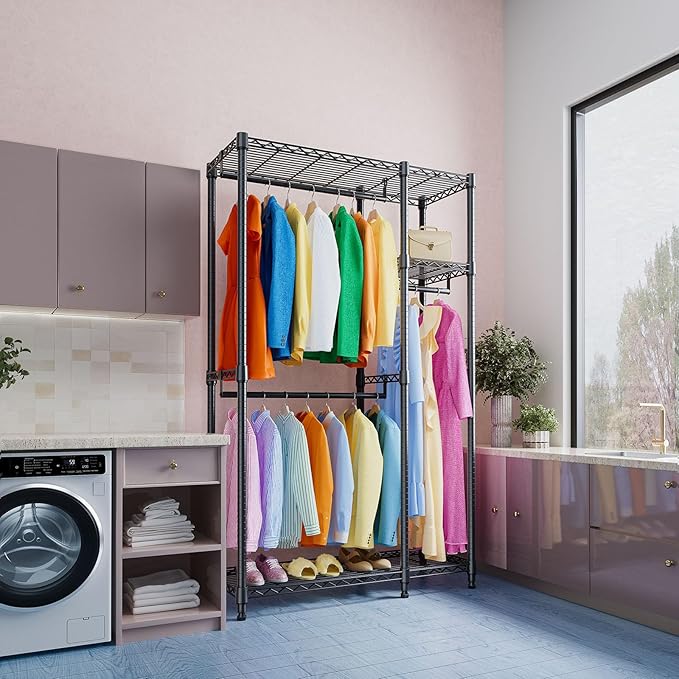 IZEUK 2 Combination Heavy Duty Garment Rack Wire Clothes Rack for Hanging Clothes, Metal Freestanding Closet Wardrobe Rack with 3 Rods Black 15.7" D x 43.3" W x 76.5" H