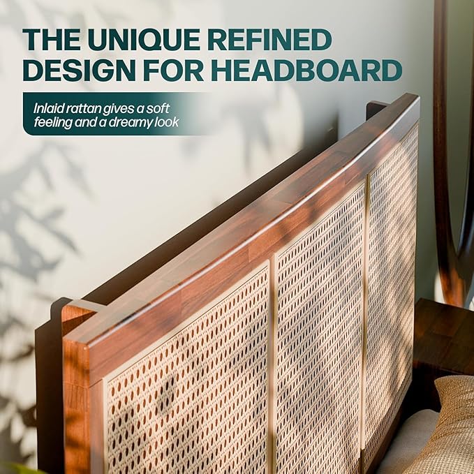 Bme Nancy Signature Bed Frame, Queen Bed Frame and Headboard Unique Geometric, Mid Century Modern, Solid Acacia Wood, No Box Spring Needed, 12 Strong Wood Slats Support, Easy Assembly, Dark Chocolate