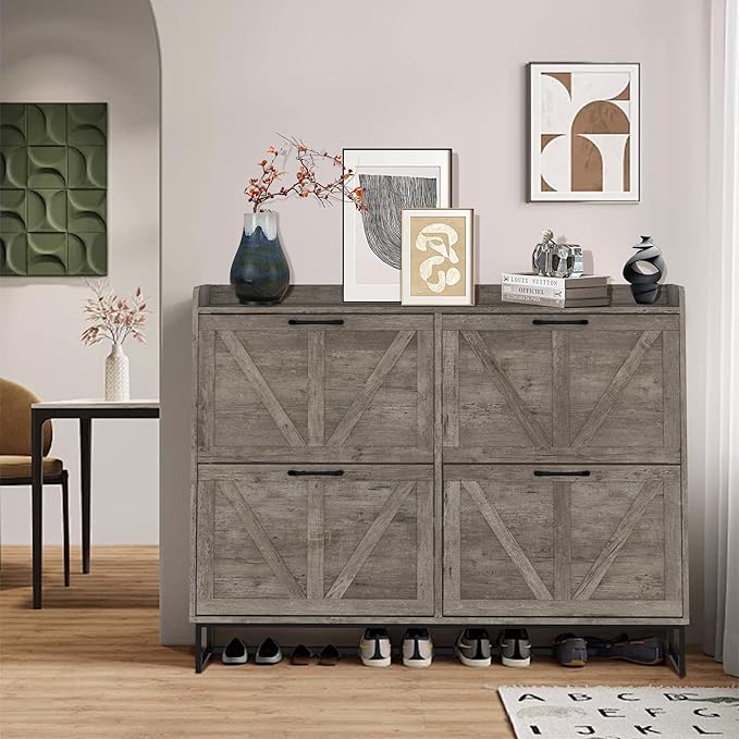MISHAO Shoe Cabinet Storage for Entryway, Farmhouse Shoe Storage Cabinet with 4 Flip Drawers & Metal Legs, Freestanding Narrow Shoe Rack Cabinet, Rustic Gray