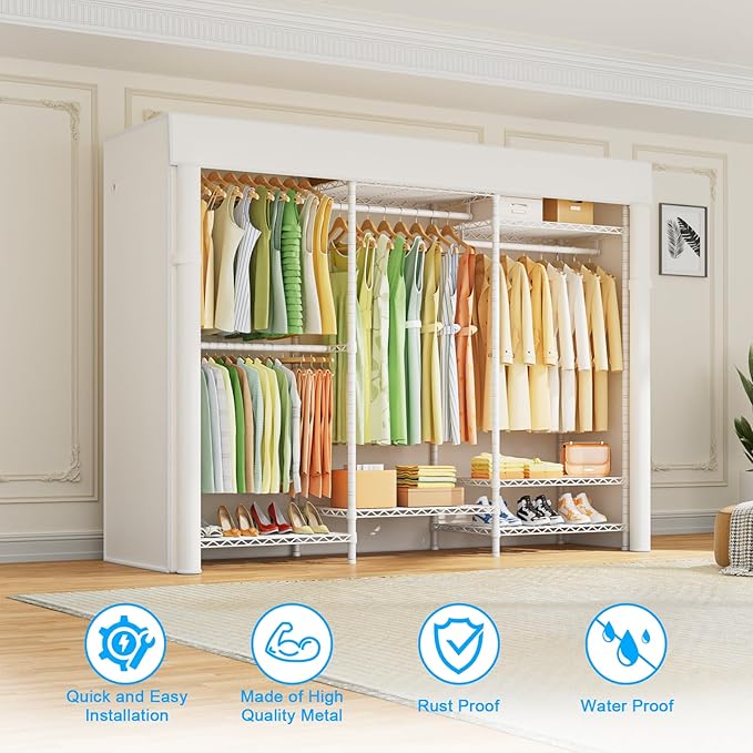 Ulif E13C Heavy Duty Closet Organizer System，Freestanding Clothing Racks for Hanging Clothes，Adjustable Garment Rack 63" W x 16" D x 77" H Hold 960 lbs，White Clothing Rack with White Dustproof Cover