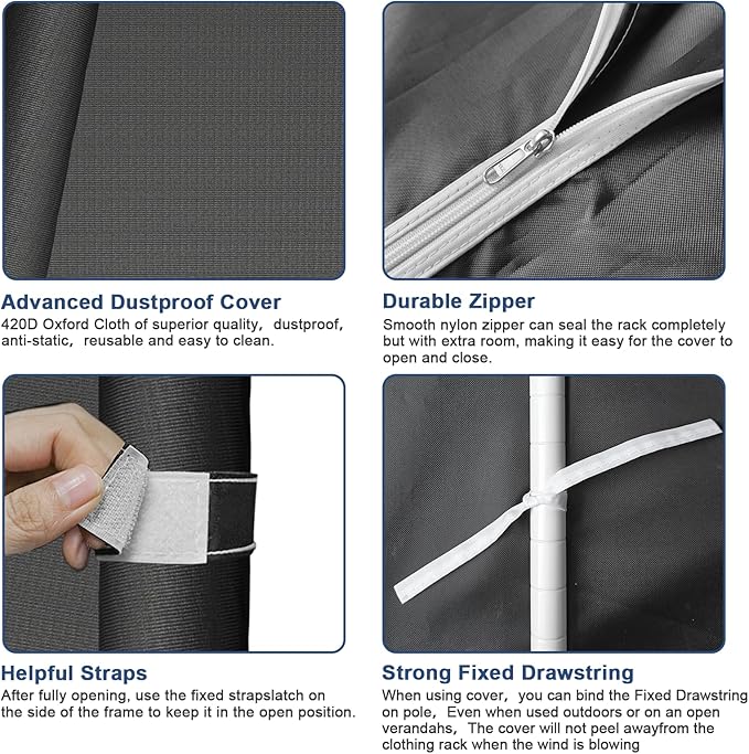 Ulif E12C Heavy Duty Closet Organizer System，Freestanding Clothing Racks for Hanging Clothes，Adjustable Garment Rack 71" W x 16" D x 76.5" H Hold 960 lbs，White Clothing Rack with Black Dustproof Cover