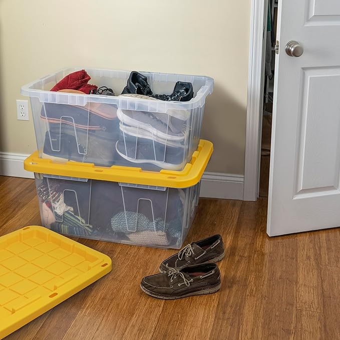 CX BLACK & YELLOW, 27-Gallon Heavy Duty Clear Storage Container & Snap-Tight Lid, Clear & Yellow (14.3"H x 20.6"W x 30.6"D), Weather-Resistant, Stackable, See-Through Organization Tote [2 Pack]