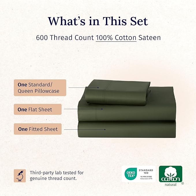 California Design Den Twin XL Bed Sheets Set - Luxury 600 Thread Count 100% Cotton Sheets Sateen, Cooling Deep Pocket Extra Long Twin Sheets Cotton Set, Soft Hotel-Quality Bedding - Olive Green