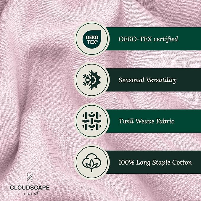Cloud Scape Linen 100% Cotton Blanket Queen Size - Lightweight All Season & Breathable Blanket, Herringbone Weave, Best Gift for Women, Mom, Men,fits Full Size Bed, 92x92, Seashell Pink