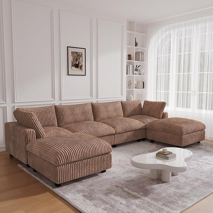 JACH Modern U Shape Sectional Couch, Convertable Modular Couches with Chaise Ottomans, Deep Seat Sofas, Sofa Covers Washable, Minimalist Plush Sofa for Living Room, Apartment, Brown