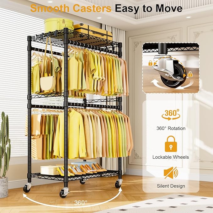 P4 Rolling Clothes Rack Heavy Duty, Clothing Racks for Hanging Clothes, Freestanding Garment Racks with Wheels, Metal Portable Closet Rack 35.5''W × 20.5''D × 80.5''H, Max Load 560Lbs, Black